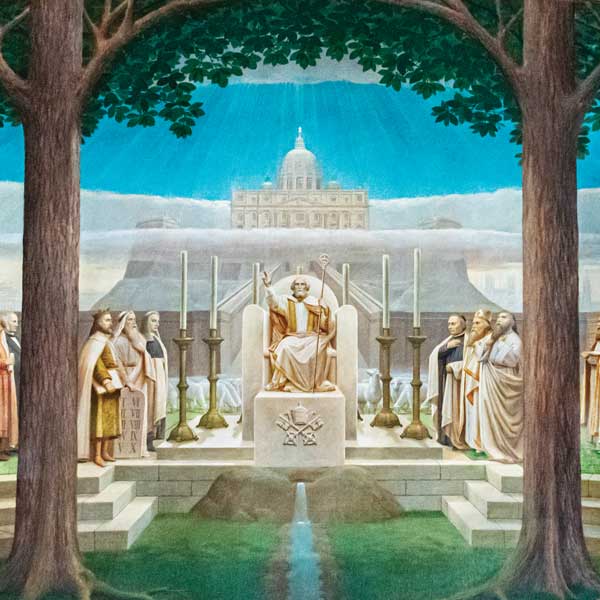 Detail of two trees in the forground flanking St. Peter on the throne and a small river flowing from beneath to the bottom of the composition