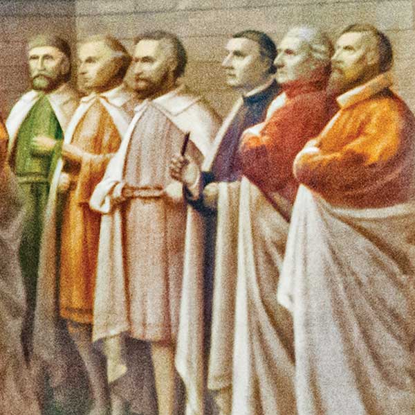 Detail of men in groups of three