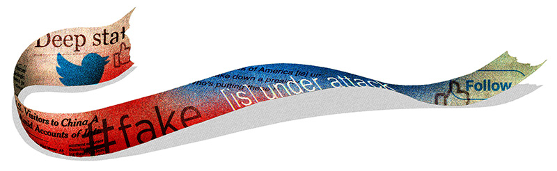 Broken piece of ribbon with social media signifiers on it