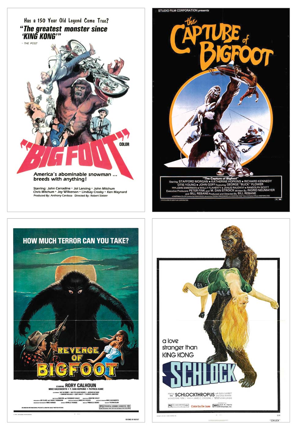 Four movie posters promoting various Bigfoot movies.