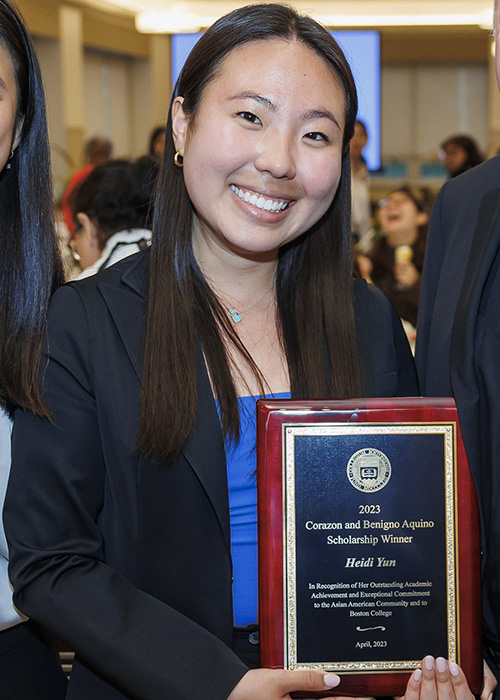 May 2, 2023 --Boston College's Benigno and Corazon Aquino Scholarship event, held in the faculty dining room of McElroy. The award recognizes a BC junior with a strong academic record who has been actively engaged in Asian American issues and service to the Asian American community on or off campus. This year's winner is Heidi Yun '24.