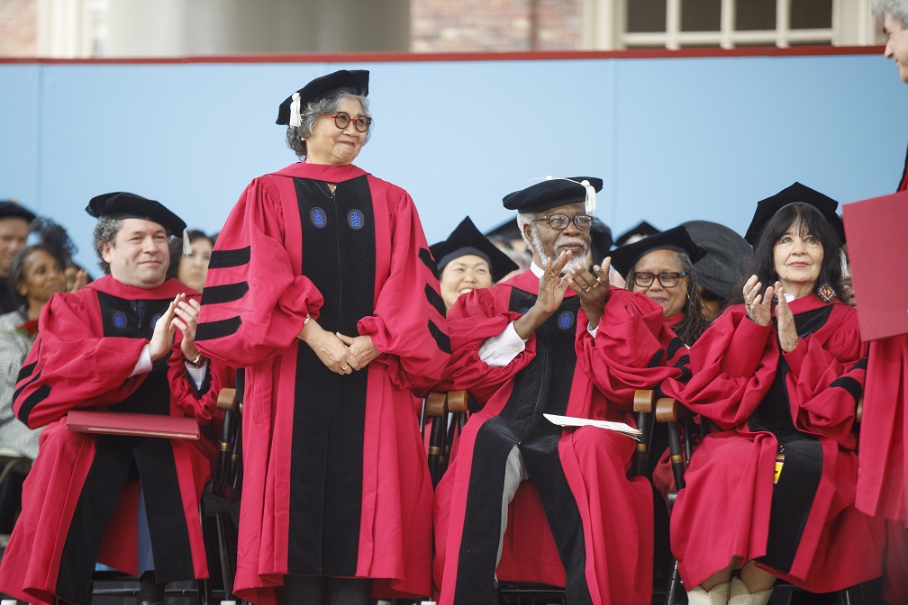 Honorary degree recipients (from left), Gustavo Adolfo Dudamel Ramírez, Jennie Chin Hansen, Sylvester James Gate Jr., and Joy Harjo-Sapulpa attend the 373rd Harvard University Commencement Exercises in Tercentenary Theatre. Kris Snibbe/Harvard Staff Photographer