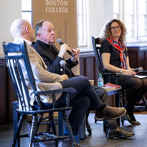 April 9, 2025 --​ Boston College's C21 Center ​h​osted in Gasson Hall a conversation on the history and future of Jesuit and Catholic liberal arts education.​ ​Speakers William P. Leahy, S.J., University President​, and Cristiano Casalini, Professor and Endowed Chair in Jesuit Pedagogy and Educational History, and Research Scholar with the Institute for Advanced Jesuit Studies at Boston College, share​d perspectives on the Jesuit, Catholic mission and educational model and its important role, given contemporary challenges.​ Moderated by Elizabeth Shlala, Guest Editor of C21 Resources Magazine Historian, and Associate Dean and Professor of the Practice in the University Core Curriculum at Boston College​.