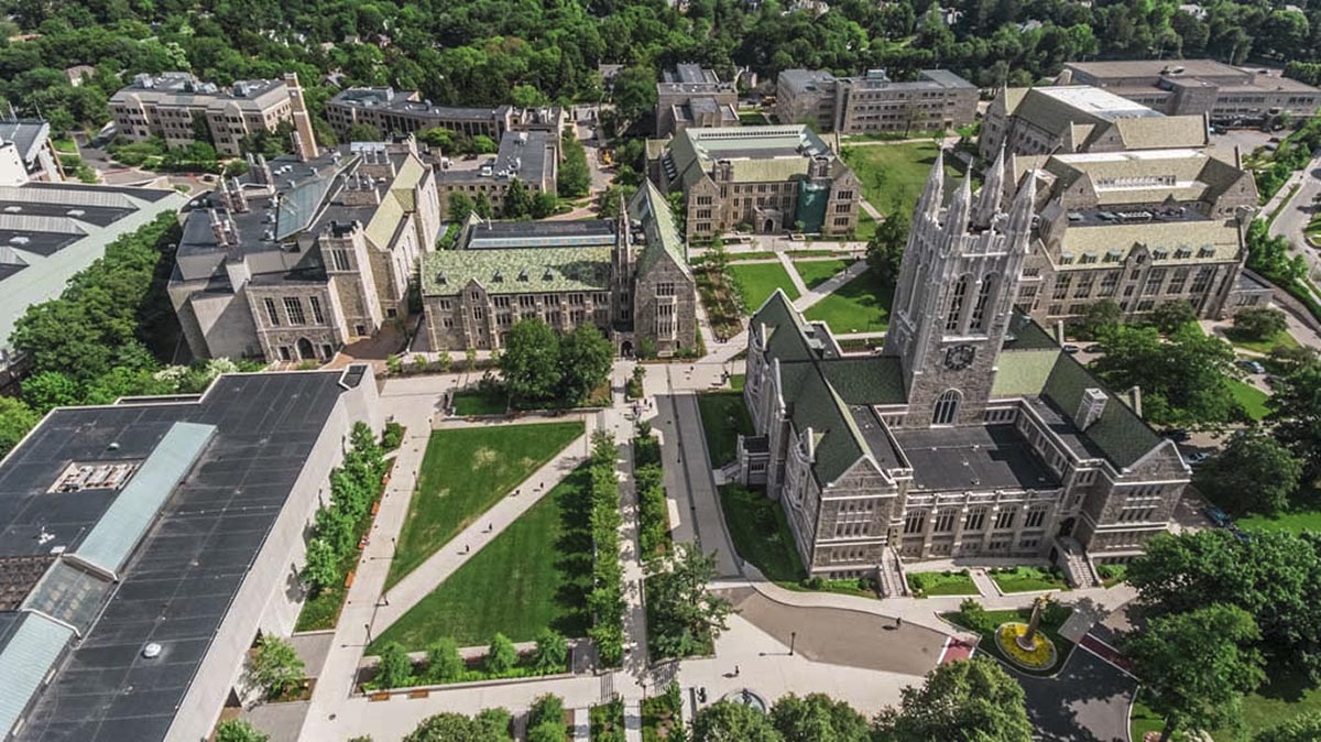 Aerial Drone photography of Gasson Hall and main campus.