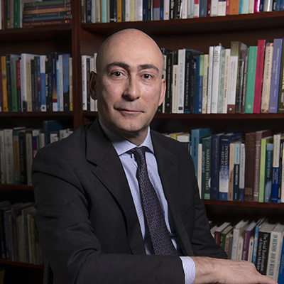 Andrea Vicini, the Rev. Michael P. Walsh Chair in Bioethics (Theology) photographed in his office for the Fall '19 issue of BCM.