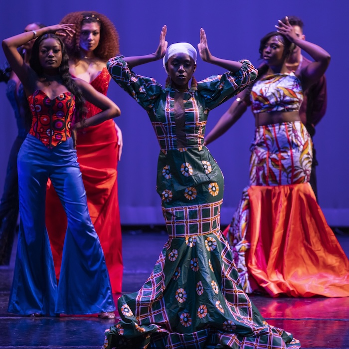February 25, 2022 -- The African Students Organization (ASO) hosted the African Fashion Show, "Masquerade Ball," in Robsham Theater. Photographed by Tim Correira.